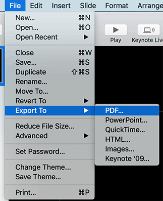 From the File menu scroll down to Export to and select PDF.